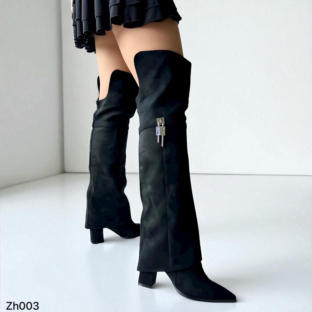 Bota caña alta negro doblez detalle plateado tacon 8cm HX3076-B9422